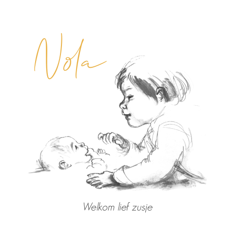 Geboortekaart pentekening tweede kind zwartdruk