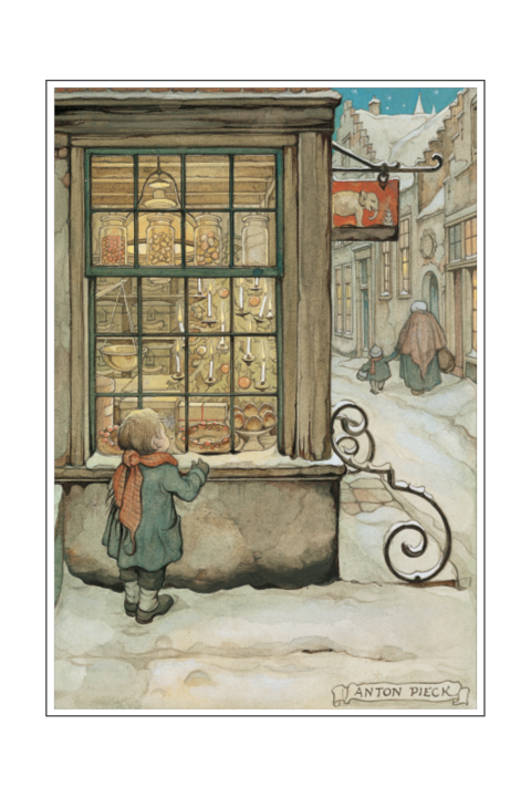 Kerstkaart Anton Pieck kind voor etalage winkel