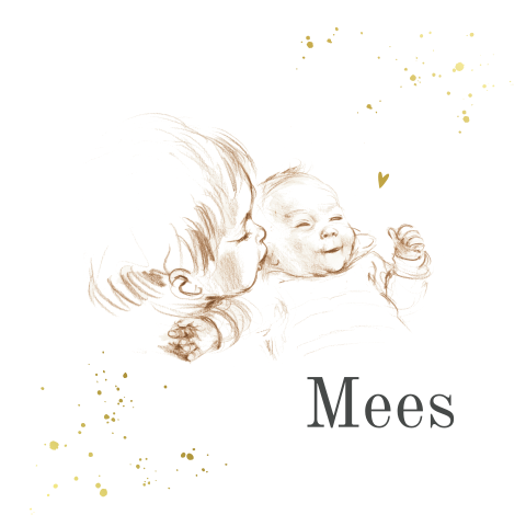 Geboortekaartje tweede kind pentekening sepia goudfolie