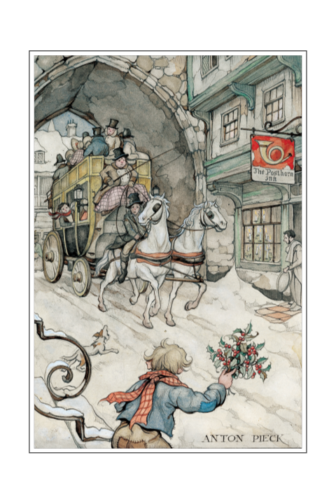 Kerstkaart Anton Pieck jongen met postkoets