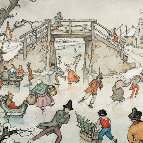 Anton Pieck kerstkaart schaatsen onder brug