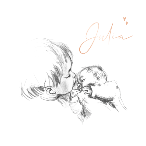 Pentekening geboortekaart broer of zus geeft baby kus