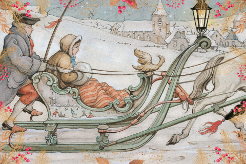 Anton Pieck kerstkaart arrenslee met takjes in goudlook