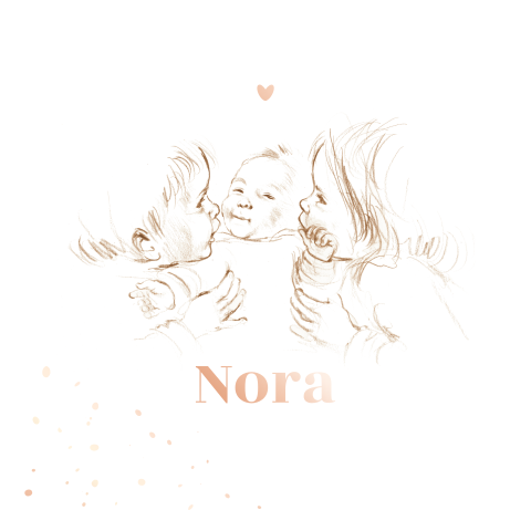 Geboortekaart pentekening sepia 3e kindje roségoudfolie