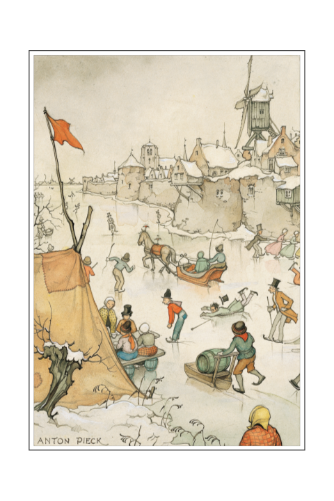 Kerstkaart Anton Pieck sleeënde en schaatsende mensen