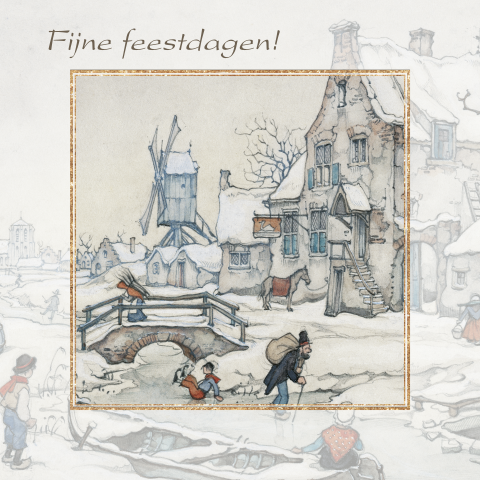 Anton Pieck kerstkaart besneeuwd landschap met goudlook kader