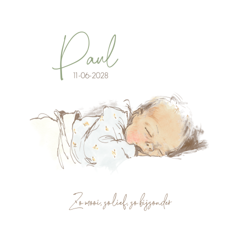 Geboortekaartje slapende baby pentekening