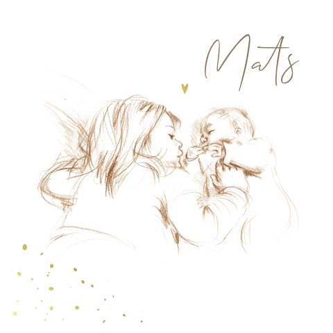 Geboortekaart pentekening sepia baby grote zus goudfolie