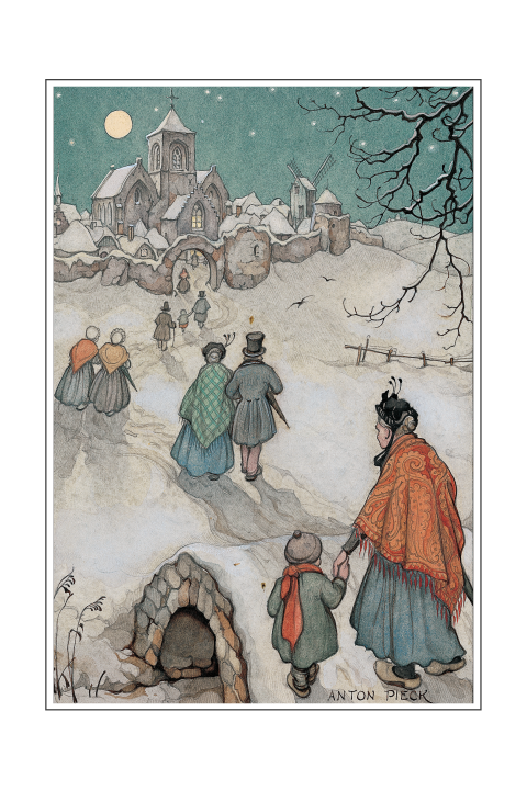Kerstkaart Anton Pieck mensen in sneeuw