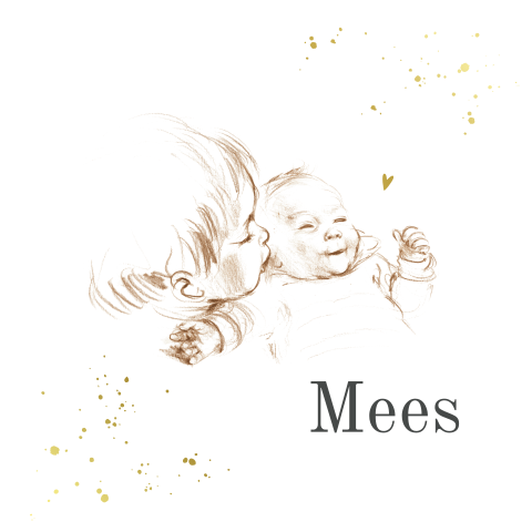 Geboortekaartje tweede kind pentekening sepia goudfolie