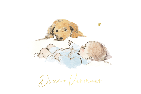 Geboortekaartje pentekening kleur baby jongen met hond