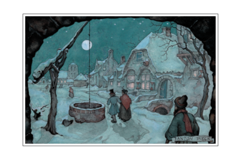 Kerstkaart Anton Pieck avond sneeuw avondmis