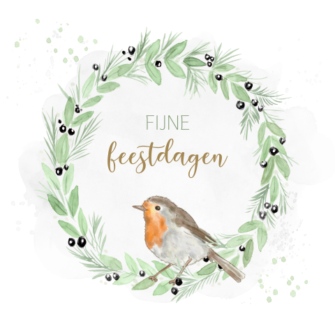 Kerstkaart roodborstje met kerstkrans