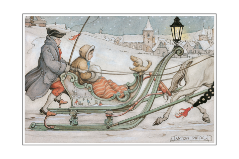 Kerstkaart Anton Pieck arreslee in de sneeuw