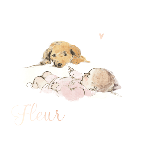 Geboortekaart pentekening meisje baby hond roségoudfolie