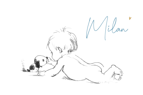 Geboortekaartje pentekening baby met knuffelhondje