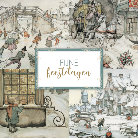 Anton Pieck kerstkaart 4 illustraties winter