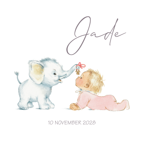 Geboortekaartje pentekening meisje baby olifant