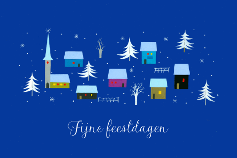 Kerstkaart huisjes en boompjes blauw