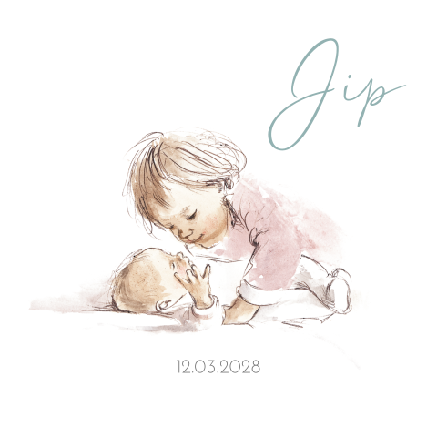 Geboortekaartje pentekening in kleur baby met grote zus