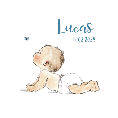 Raamsticker pentekening baby met blauwe vlinder