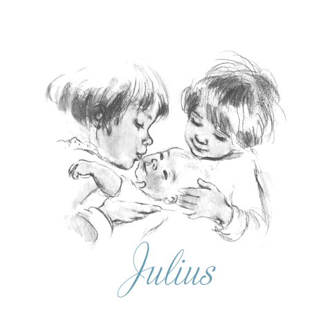 Geboortekaart pentekening baby in armen 2 grotere kindjes