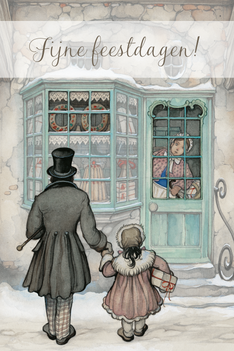Kerstkaart staand Anton Pieck man met dochter voor winkel