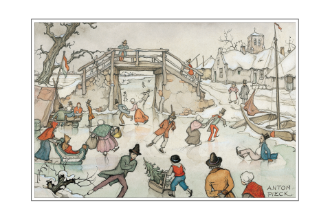 Kerstkaart Anton Pieck schaatsende mensen onder brug