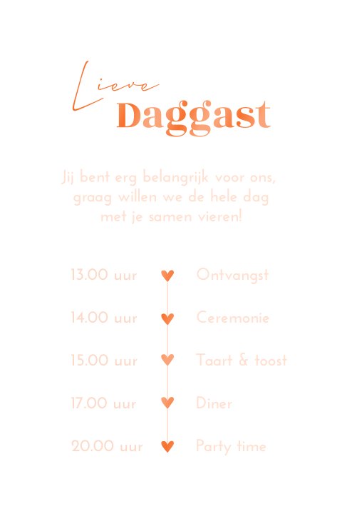 Trouwkaart dagprogramma zomers oranje