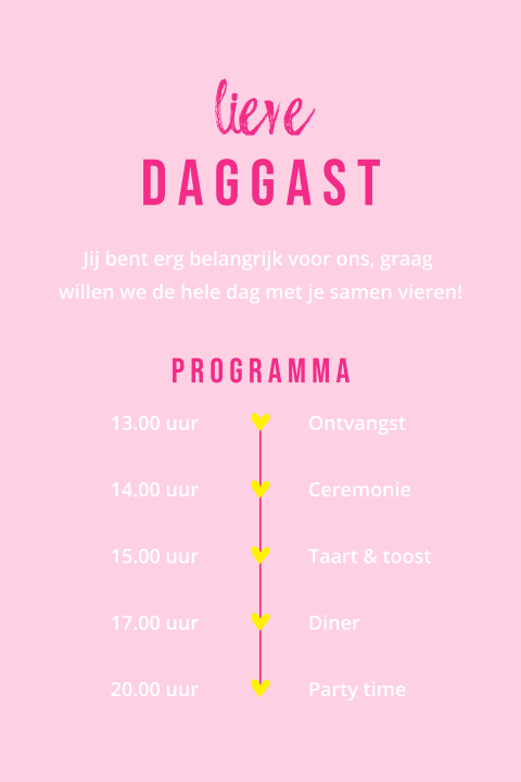 Dagprogramma trouwkaart zomers neon kleuren roze geel