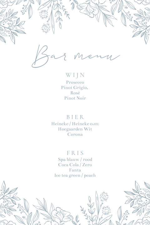 Bar menu dreamy wildflowers pastel blauw