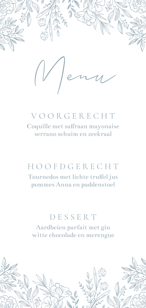 Menukaart dreamy wilflowers pastel blauw