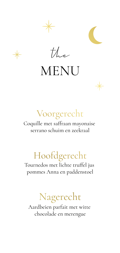 Menukaart minimalistisch zwart wit goudfolie sterretjes