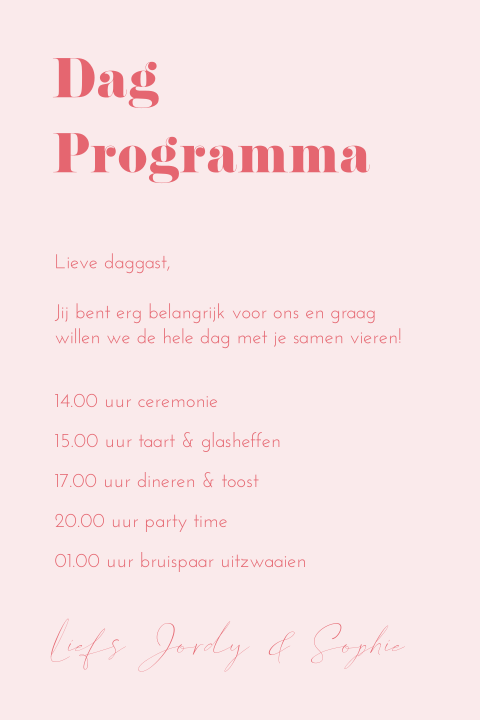 Dagprogramma roze trouwhuisstijl