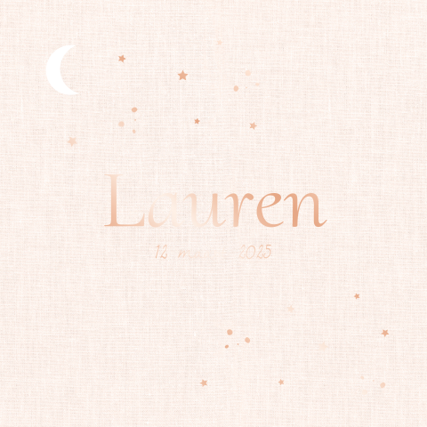 Geboortekaartje uitgesneden maan linnenlook peach rosegoudfolie