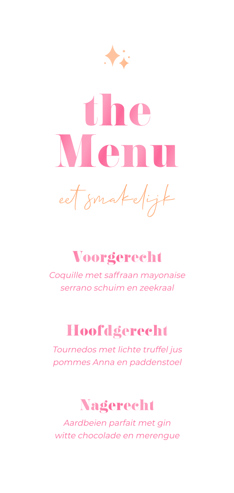 Menukaart disco chique wit roze oranje