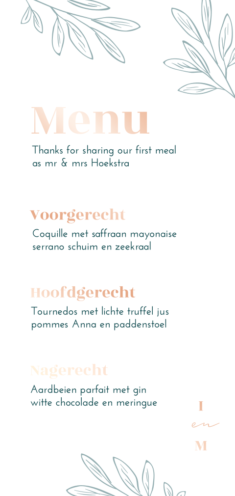 Menukaart turquoise takjes rosegoudfolie