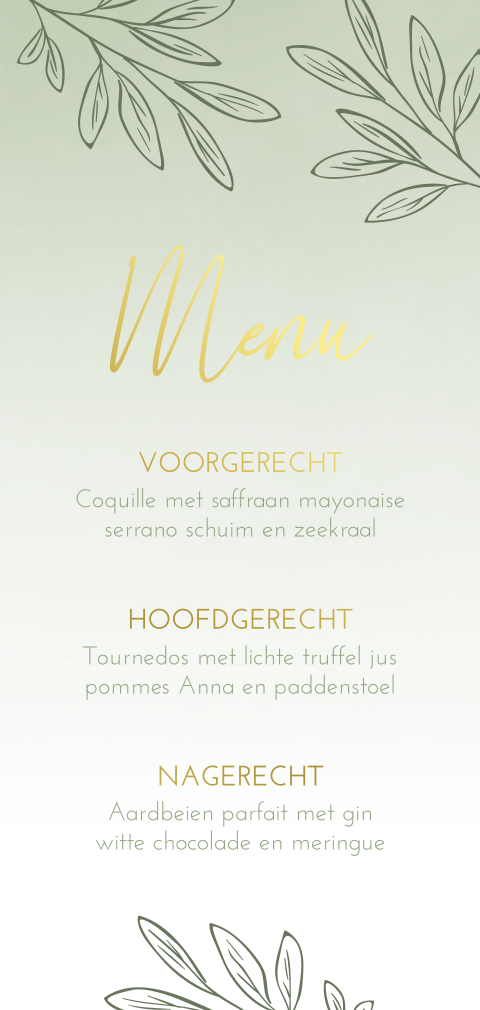 Menukaart botanisch olijfgroen takje goudfolie