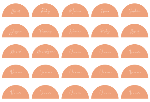 Naamkaartjes in oranje boogvorm met sierlijke namen