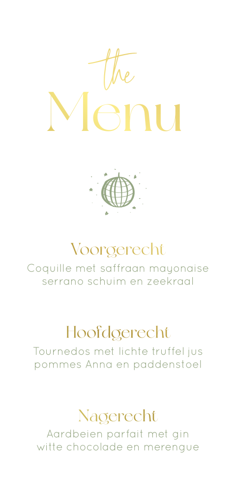 Menukaart klassiek goudfolie salie groen discobal