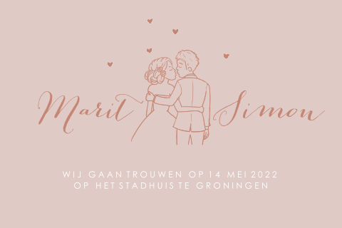 Trouwkaart met illustratie van kussend bruidspaar