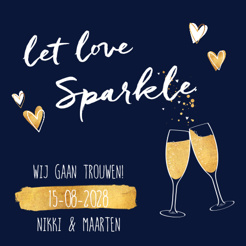 Trouwkaart met champagneglazen en hartjes