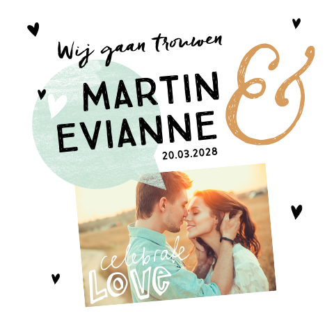 Vrolijke Trouwkaart met foto en typografie