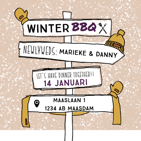 Winter bbq met wegwijzer, muts en wanten