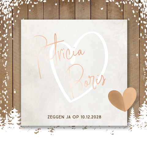 Winterse trouwkaart met bomen hout en sneeuw