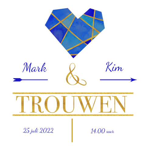 Trouwkaart met blauw hart en gouden accenten