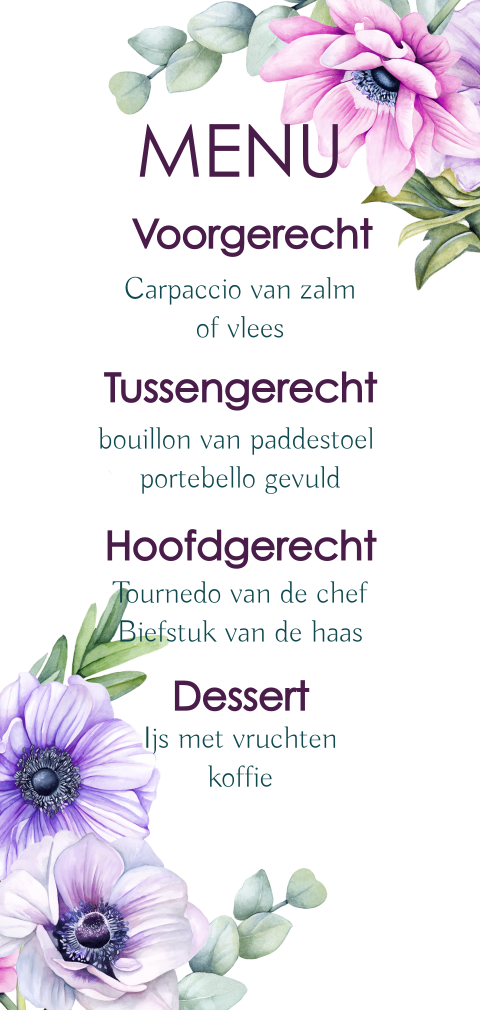 Menu trouwen anemonen euqalyptusblad