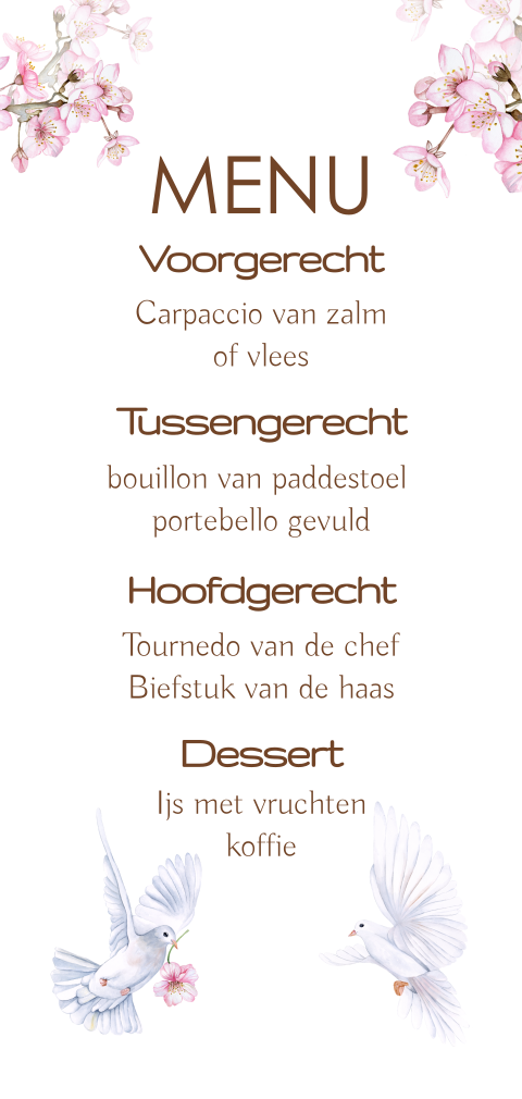 Menu trouwen witte duiven roze bloesem