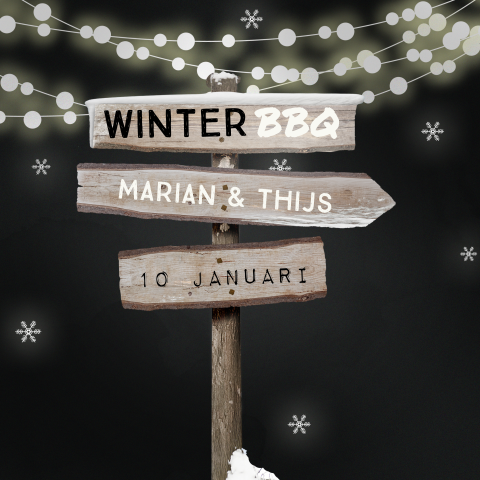 Winter bbq uitnodiging met lichtjesslinger en wegwijzer