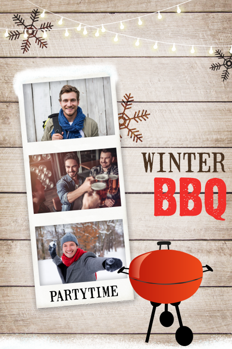 Uitnodiging winter BBQ op houten achtergrond met lichtjes